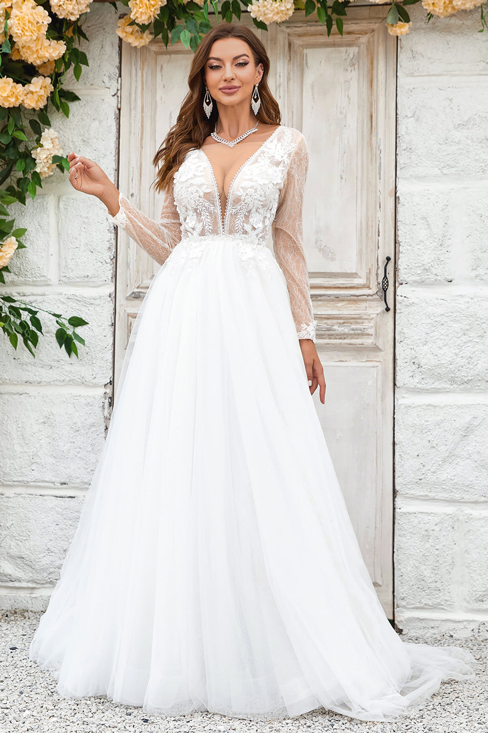Ivory A Line Deep V-Neck Sweep Train Tulle Wedding Dress with Long Sleeves