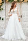 Ivory A Line Deep V-Neck Sweep Train Tulle Wedding Dress with Long Sleeves