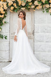 Ivory A Line Deep V-Neck Sweep Train Tulle Wedding Dress with Long Sleeves