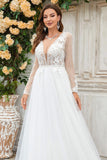 Ivory A Line Deep V-Neck Sweep Train Tulle Wedding Dress with Long Sleeves