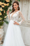 Ivory A Line Deep V-Neck Sweep Train Tulle Wedding Dress with Long Sleeves