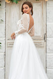 Ivory A Line Deep V-Neck Sweep Train Tulle Wedding Dress with Long Sleeves