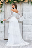 Ivory A Line Off The Shoulder Tulle Long Wedding Dress With Lace