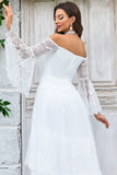 Ivory A Line Off The Shoulder Tulle Long Wedding Dress With Lace