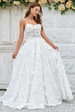 Ivory A Line Spaghetti Straps Sweep Train Lace Wedding Dress with 3D Flowers