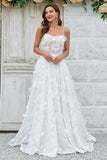 Ivory A Line Spaghetti Straps Sweep Train Lace Wedding Dress with 3D Flowers