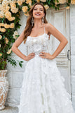 Ivory A Line Spaghetti Straps Sweep Train Lace Wedding Dress with 3D Flowers