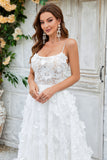 Ivory A Line Spaghetti Straps Sweep Train Lace Wedding Dress with 3D Flowers