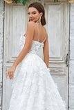 Ivory A Line Spaghetti Straps Sweep Train Lace Wedding Dress with 3D Flowers