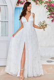 Ivory A Line V-Neck Lace Wedding Dress with Slit