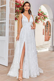 Ivory A Line V-Neck Lace Wedding Dress with Slit