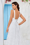 Ivory A Line V-Neck Lace Wedding Dress with Slit