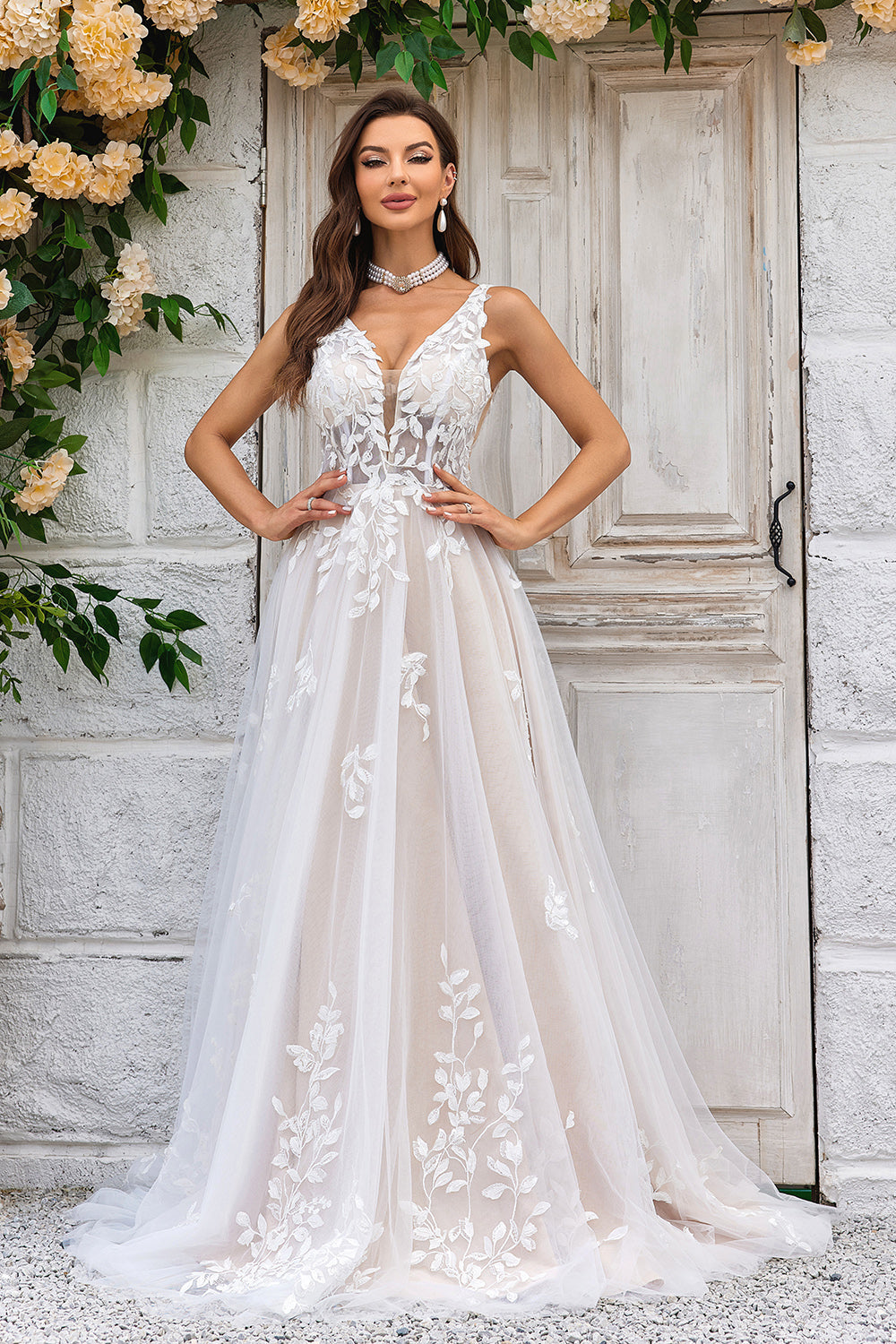 Wedtrend Women Bridal Dress Ivory A Line V-Neck Sweep Train Tulle