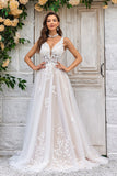 Ivory A Line V-Neck Sweep Train Tulle Wedding Dress with Lace