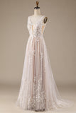 Ivory A Line V-Neck Backless Tulle Wedding Dress with Lace