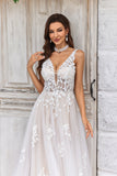 Ivory A Line V-Neck Sweep Train Tulle Wedding Dress with Lace