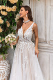 Ivory A Line V-Neck Sweep Train Tulle Wedding Dress with Lace