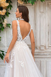 Ivory A Line V-Neck Sweep Train Tulle Wedding Dress with Lace