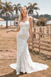 Ivory Mermaid Spaghetti Straps Chapel Train Lace Wedding Dress