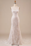 Ivory Mermaid Spaghetti Straps Chapel Train Lace Wedding Dress