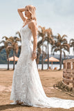 Ivory Mermaid Spaghetti Straps Chapel Train Lace Wedding Dress