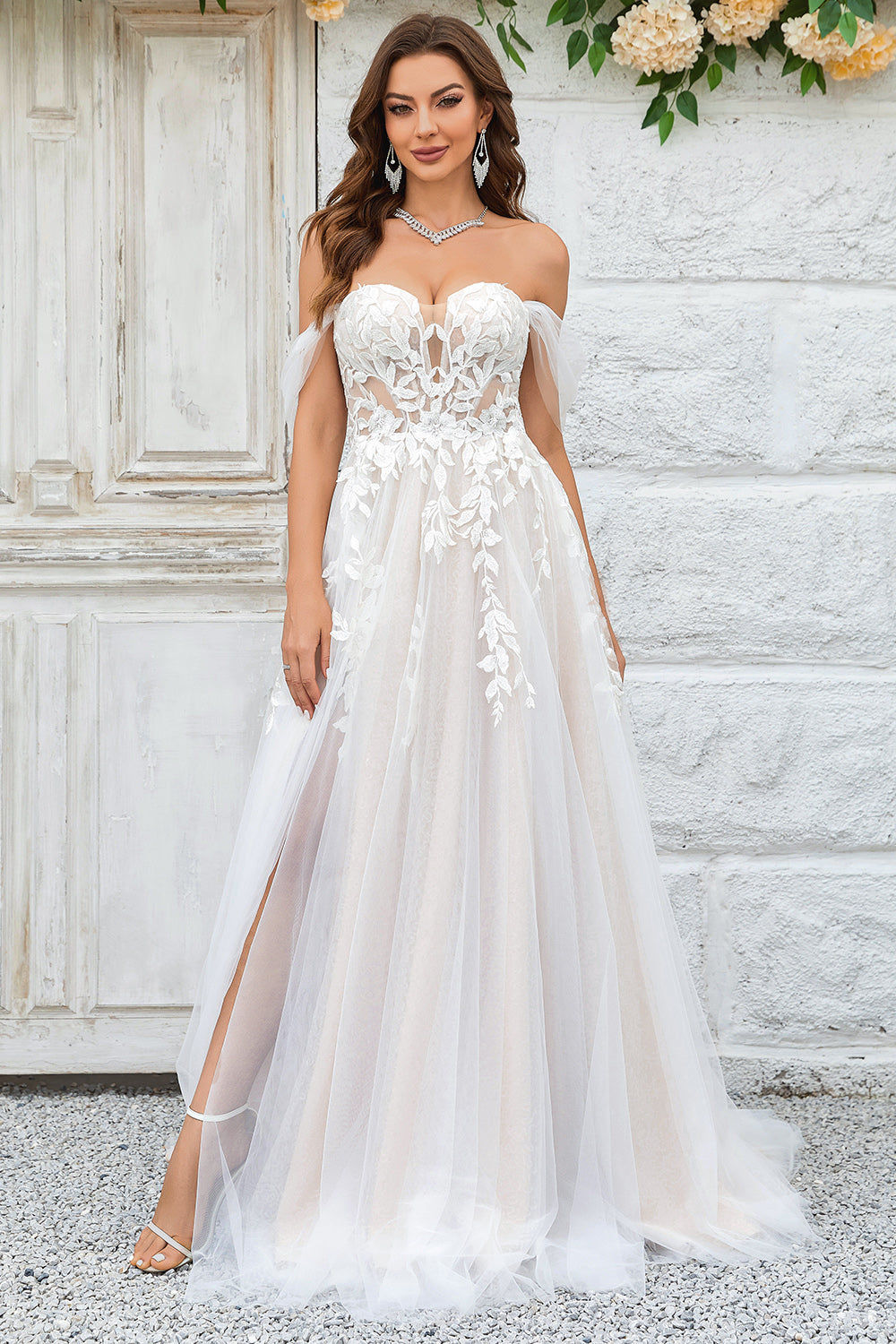 Wedtrend Women Wedding Dress Champagne A Line Detachable Off the Shoulder Tulle Party Dress with Lace WEDTREND Wedtrend Women Wedding Dress Champagne A Line Detachable Off the Shoulder Tulle Party Dress with Lace WEDTREND