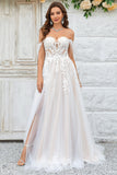 A Line Detachable Off the Shoulder Tulle Wedding Dress with Lace