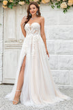 A Line Detachable Off the Shoulder Tulle Wedding Dress with Lace