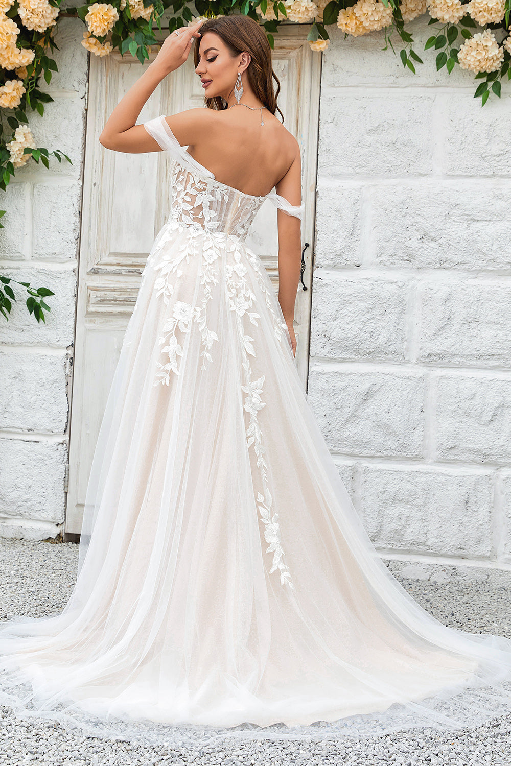 Wedtrend Women Wedding Dress Champagne A Line Detachable Off the Shoulder Tulle Party Dress with Lace WEDTREND Wedtrend Women Wedding Dress Champagne A Line Detachable Off the Shoulder Tulle Party Dress with Lace WEDTREND