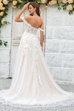 A Line Detachable Off the Shoulder Tulle Wedding Dress with Lace