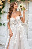 A Line Detachable Off the Shoulder Tulle Wedding Dress with Lace