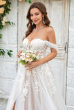 A Line Detachable Off the Shoulder Tulle Wedding Dress with Lace