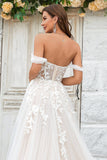 A Line Detachable Off the Shoulder Tulle Wedding Dress with Lace