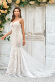 Ivory Mermaid Deep V Neck Court Train Tulle Boho Wedding Dress with Lace