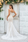 Ivory Mermaid Deep V Neck Court Train Tulle Boho Wedding Dress with Lace