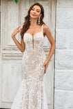 Ivory Mermaid Deep V Neck Court Train Tulle Boho Wedding Dress with Lace