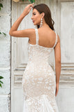 Ivory Mermaid Deep V Neck Court Train Tulle Boho Wedding Dress with Lace