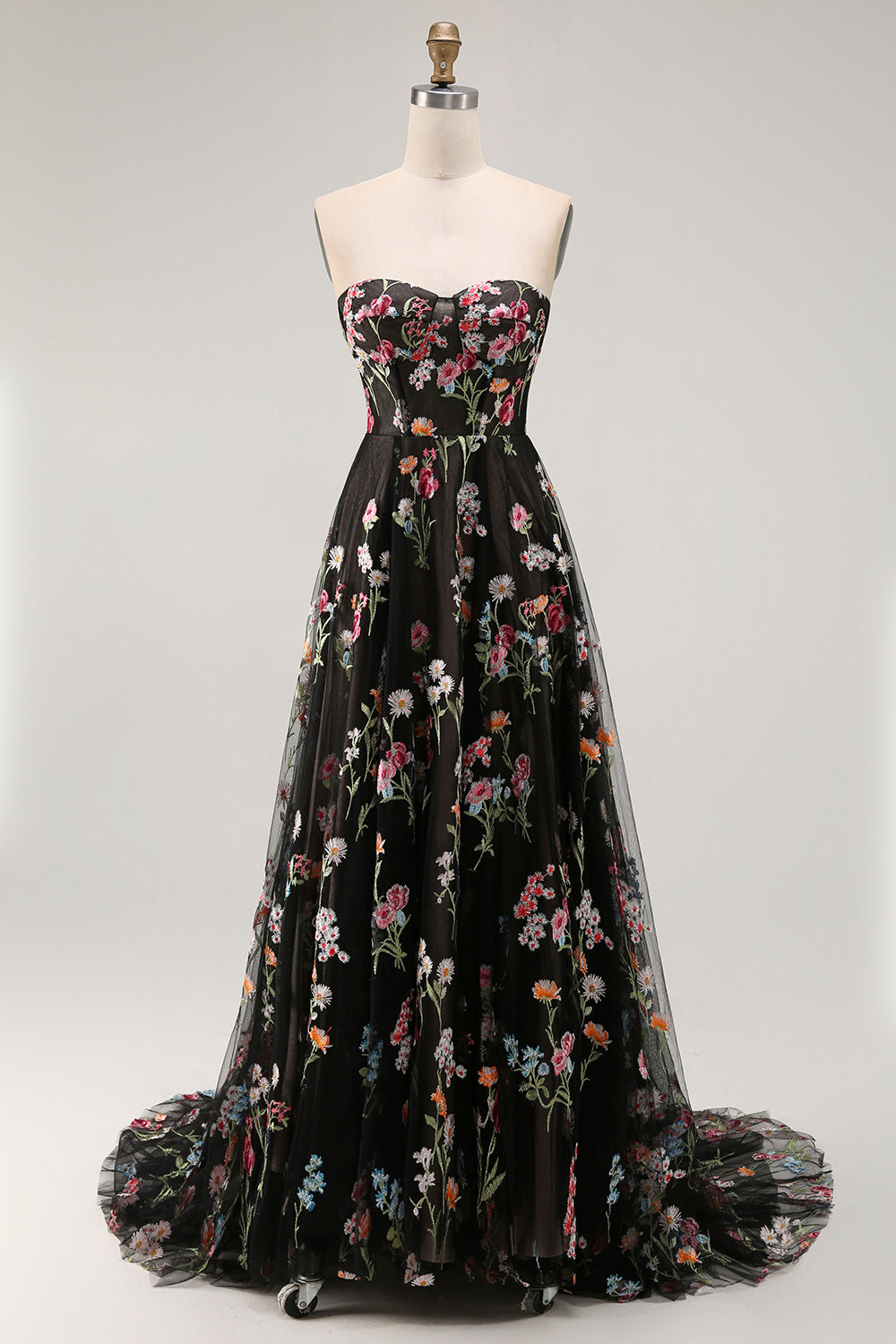 ballgown formal women's black strapless wedding dress WEDTREND Women Black Long Prom Dress with Lace Up Back A-Line Strapless Tulle Embroidered Wedding Party Dress