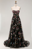 Black A-Line Strapless Tulle Embroidered Long Prom Dress with Lace Up Back