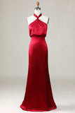 Burgundy Sheath A Line Halter Floor Length Satin Bridesmaid Dress