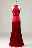 Burgundy Sheath A Line Halter Floor Length Satin Bridesmaid Dress