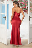 Burgundy Mermaid Spaghetti Straps Long Bridesmaid Dress with Slit