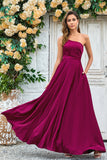 Burgundy A-Line One Shoulder Floor Length Satin Bridesmaid Dress