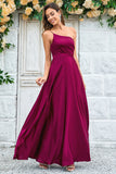 Burgundy A-Line One Shoulder Floor Length Satin Bridesmaid Dress