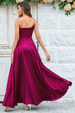 Burgundy A-Line One Shoulder Floor Length Satin Bridesmaid Dress