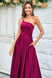 Burgundy A-Line One Shoulder Floor Length Satin Bridesmaid Dress