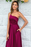 Burgundy A-Line One Shoulder Floor Length Satin Bridesmaid Dress