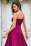 Burgundy A-Line One Shoulder Floor Length Satin Bridesmaid Dress