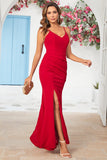 Burgundy Mermaid Spaghetti Straps Long Bridesmaid Dress with Slit