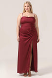 Burgundy Plus Size Spaghetti Straps Long Bridesmaid Dress with Split Front